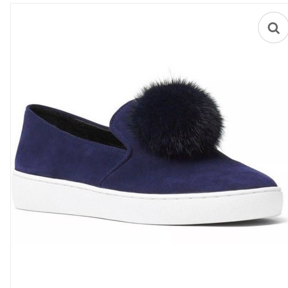 Michael Kors Suede Leather mink fur Pom Pom Eddy Slip On loafers blue size 7.5